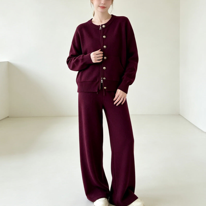 Conjunto de punto de 2 piezas: cárdigan y pantalón ancho