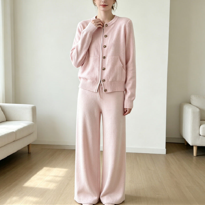 Conjunto de punto de 2 piezas: cárdigan y pantalón ancho