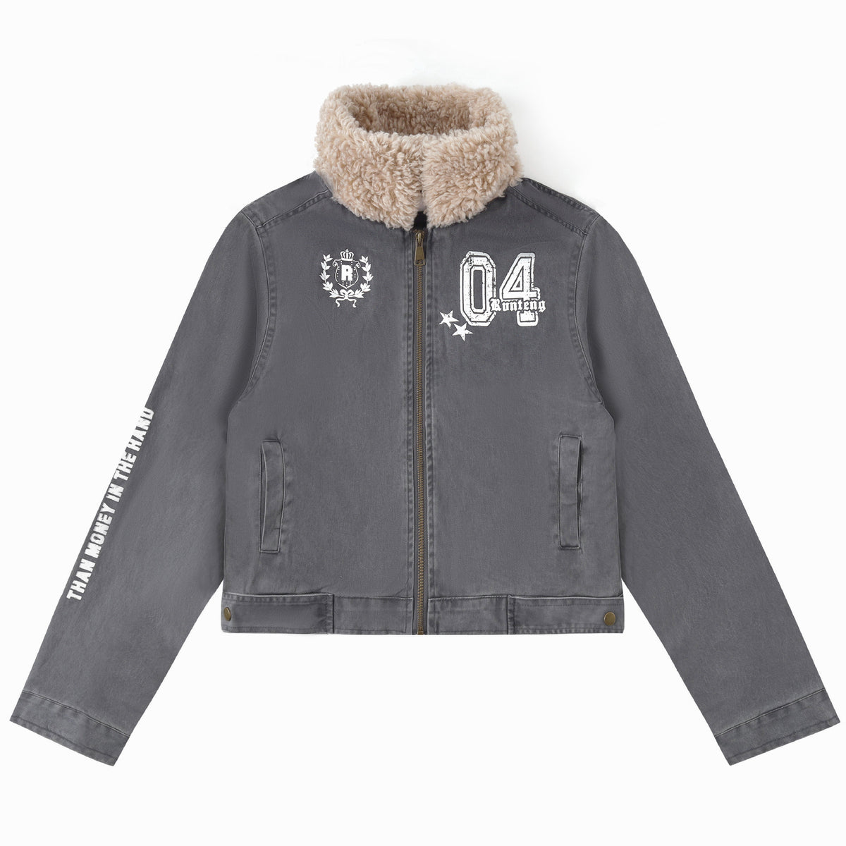 Chaqueta motera corta estampada con cuello de borreguito
