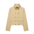 Chaqueta caqui de cuello alto con bolsillos y botones dobles