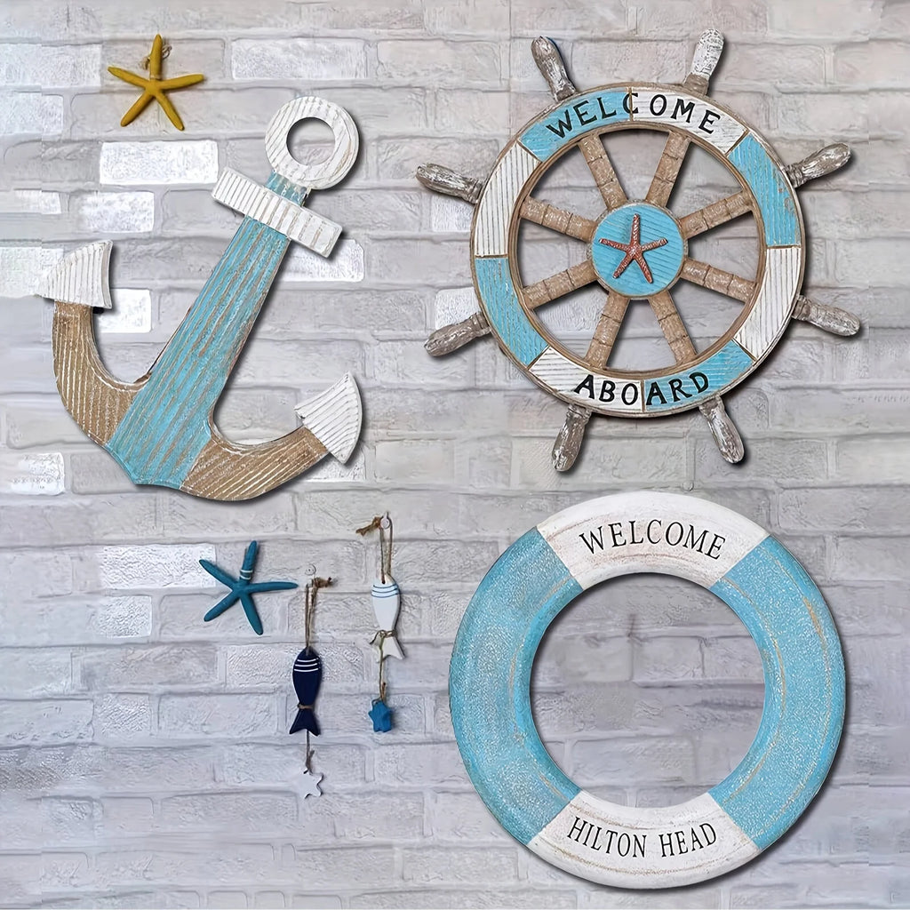 1 Set of Nautical-Themed Home Decor Wooden Anchors, Helms, and Lifebuo