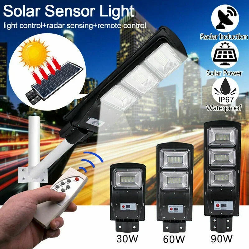 Solar Street Lamp with Radar Motion Sensor, Waterproof, IP67, Wall, Outdoor, Landscape, Garden, Road Light with Pole, 90W