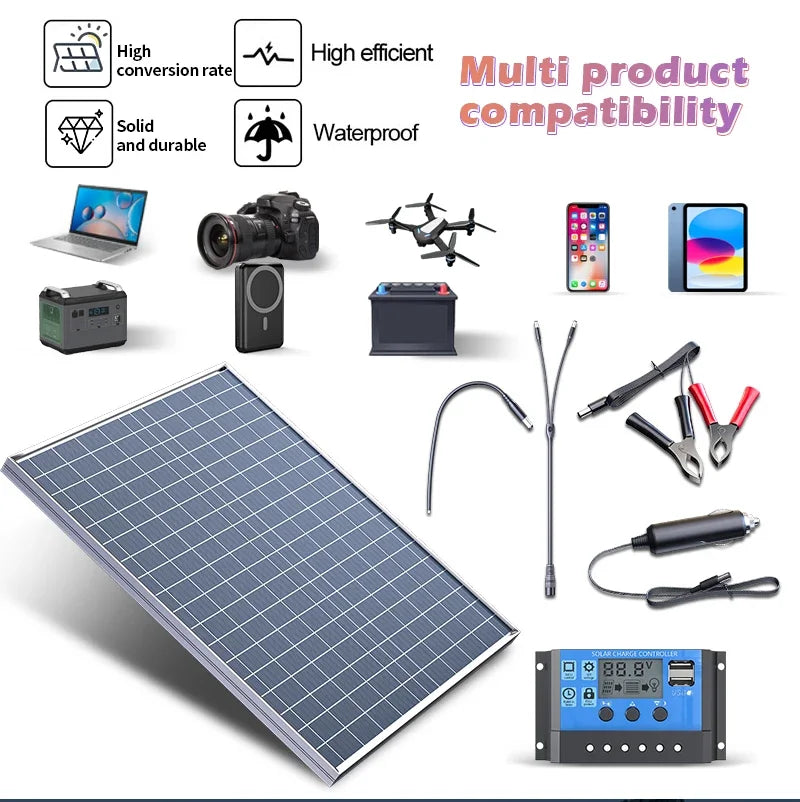 500W 12V Solar Panel Household Photovoltaic System with Controller,High‑Efficiency Solar Cell for Home,Camping,Vehicle &Boat Use