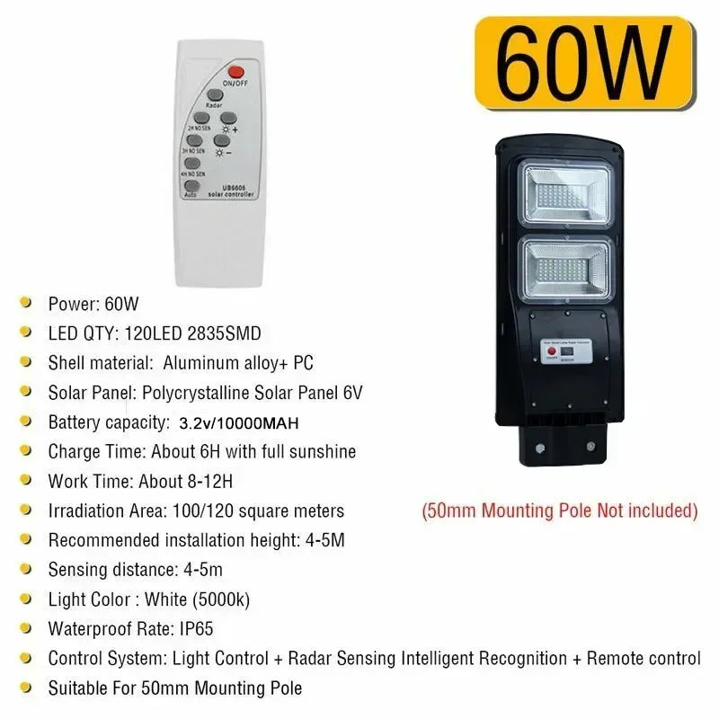 Solar Street Lamp with Radar Motion Sensor, Waterproof, IP67, Wall, Outdoor, Landscape, Garden, Road Light with Pole, 90W