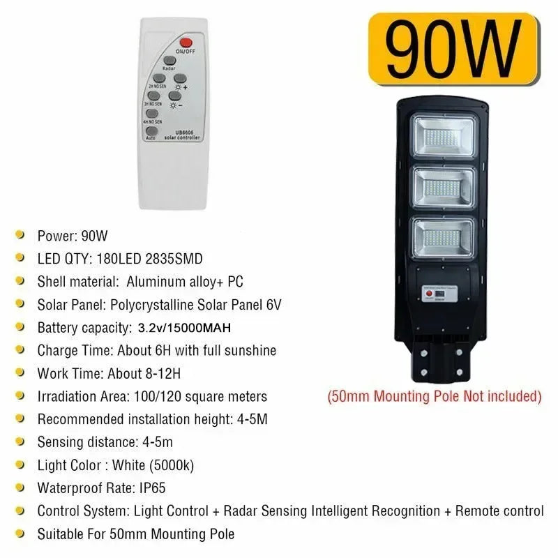 Solar Street Lamp with Radar Motion Sensor, Waterproof, IP67, Wall, Outdoor, Landscape, Garden, Road Light with Pole, 90W