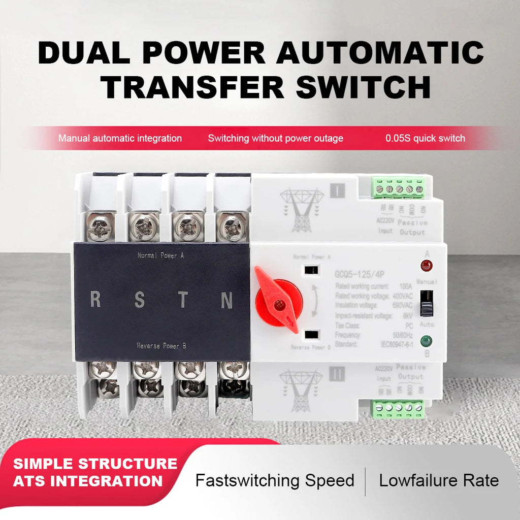 ATS Automatic Transfer Switch Backup Power 2P 4P AC 220V AC 110V Uninterrupted Dual Power Automatic Switching and Self Recovery