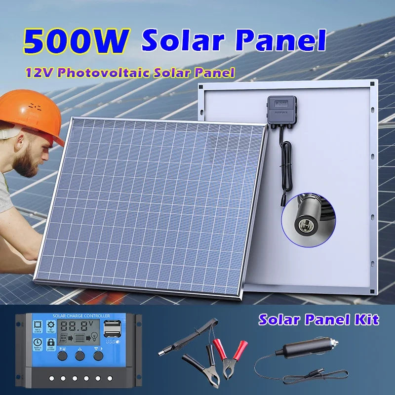 500W 12V Solar Panel Household Photovoltaic System with Controller,High‑Efficiency Solar Cell for Home,Camping,Vehicle &Boat Use