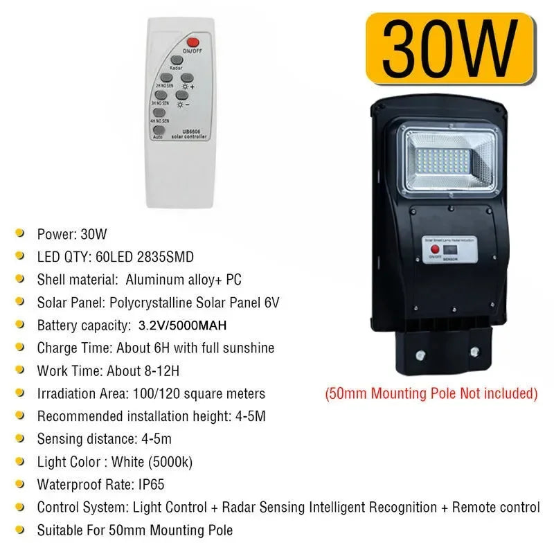 Solar Street Lamp with Radar Motion Sensor, Waterproof, IP67, Wall, Outdoor, Landscape, Garden, Road Light with Pole, 90W
