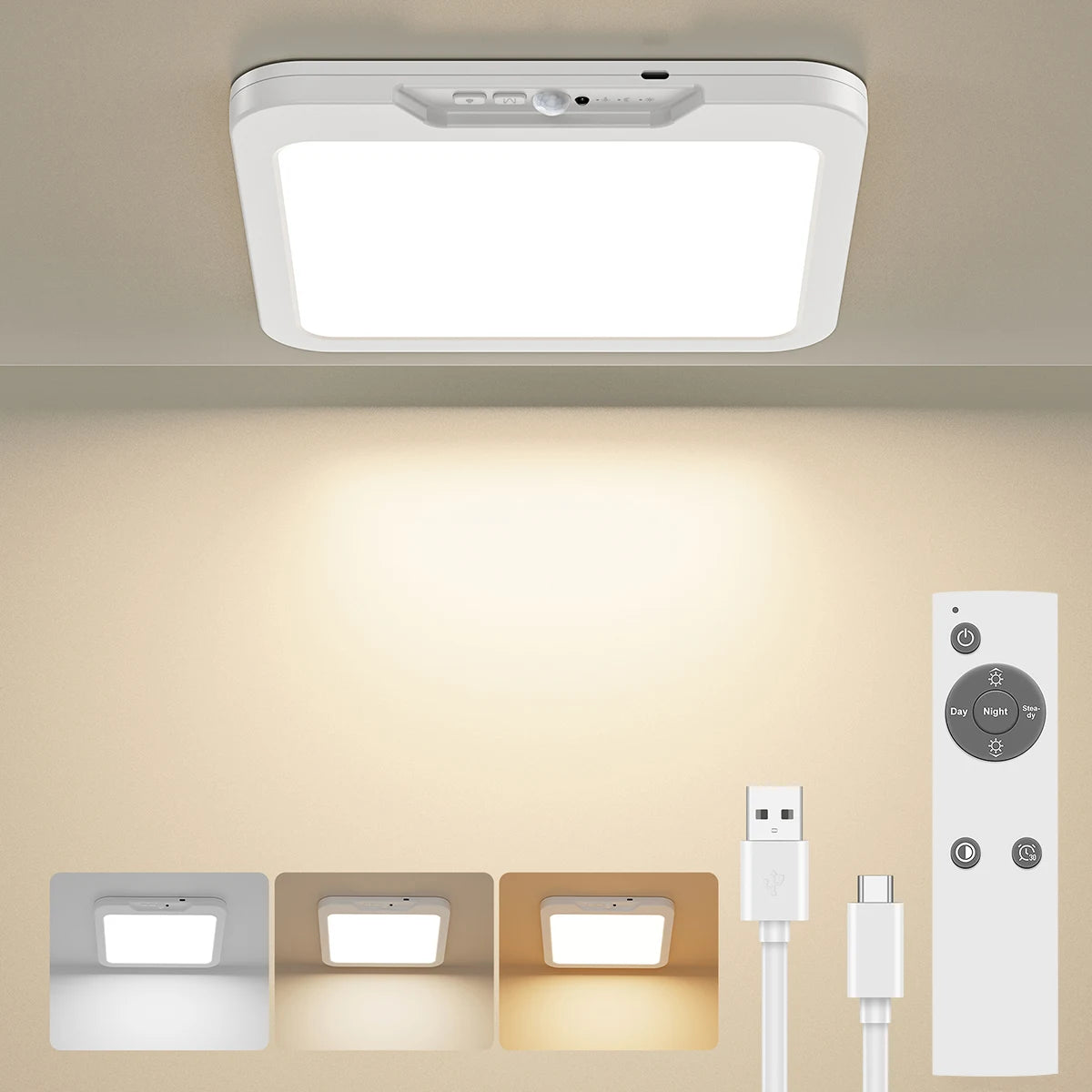 Rechargeable Battery Operated Ceiling Light, Motion Sensor Light Indoor Wireless Shower Lamp & Remote 3000K 4500K 6500K for Room