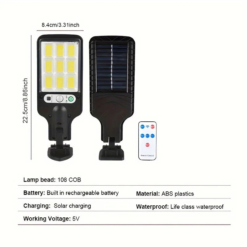 Solar Street Lights Outdoor 108COB LED With Lights Reflector And 3 Lighting Modes, PIR Motion Sensor Floodlight