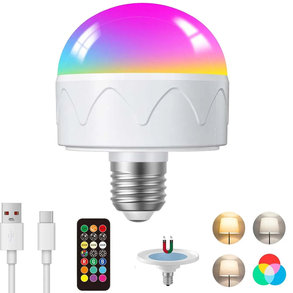 Rechargeable LED Bulb w/Remote, 3 Color Temps, 4 RGB Modes, Dimmable Light, USB - C, Suitable for Indoor/Table/Night Light