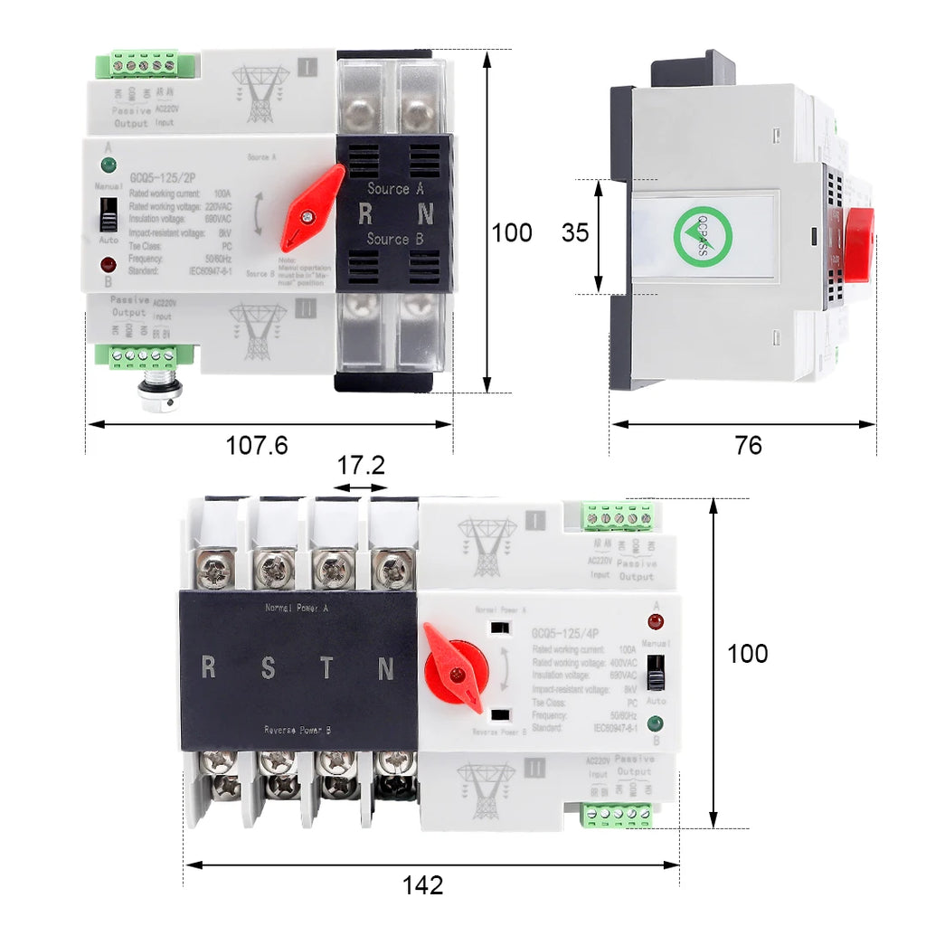 ATS Automatic Transfer Switch Backup Power 2P 4P AC 220V AC 110V Uninterrupted Dual Power Automatic Switching and Self Recovery