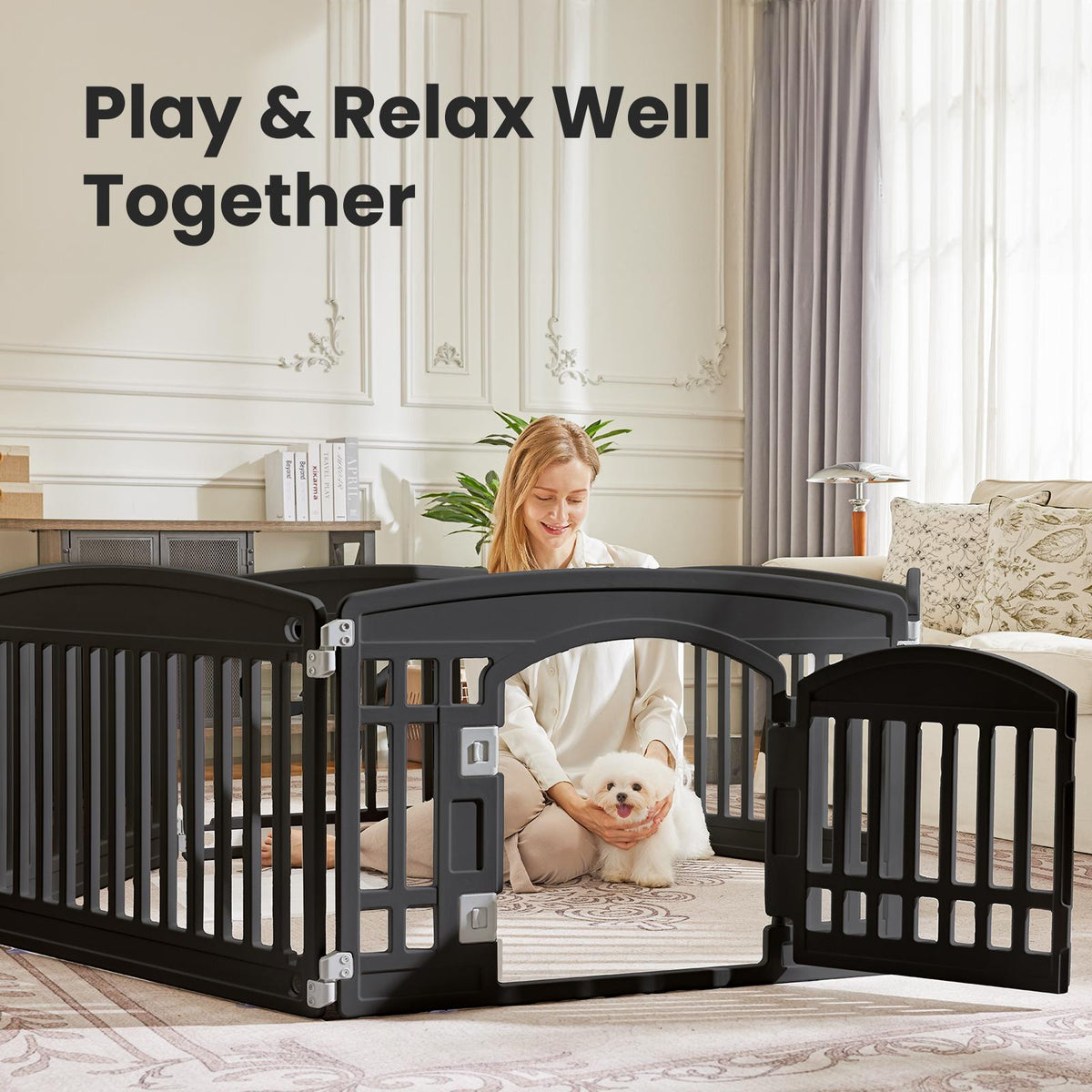 Corral plegable para perros negro, 6 paneles