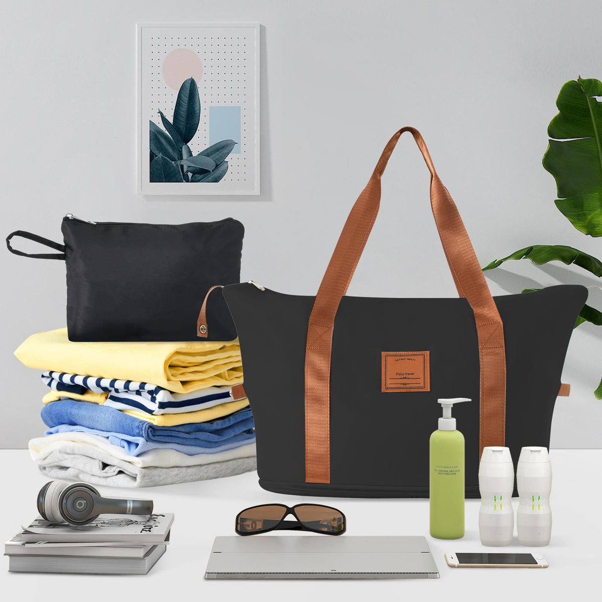 Conjunto de viaje: maleta de 20 pulgadas, bolso y neceser — negro