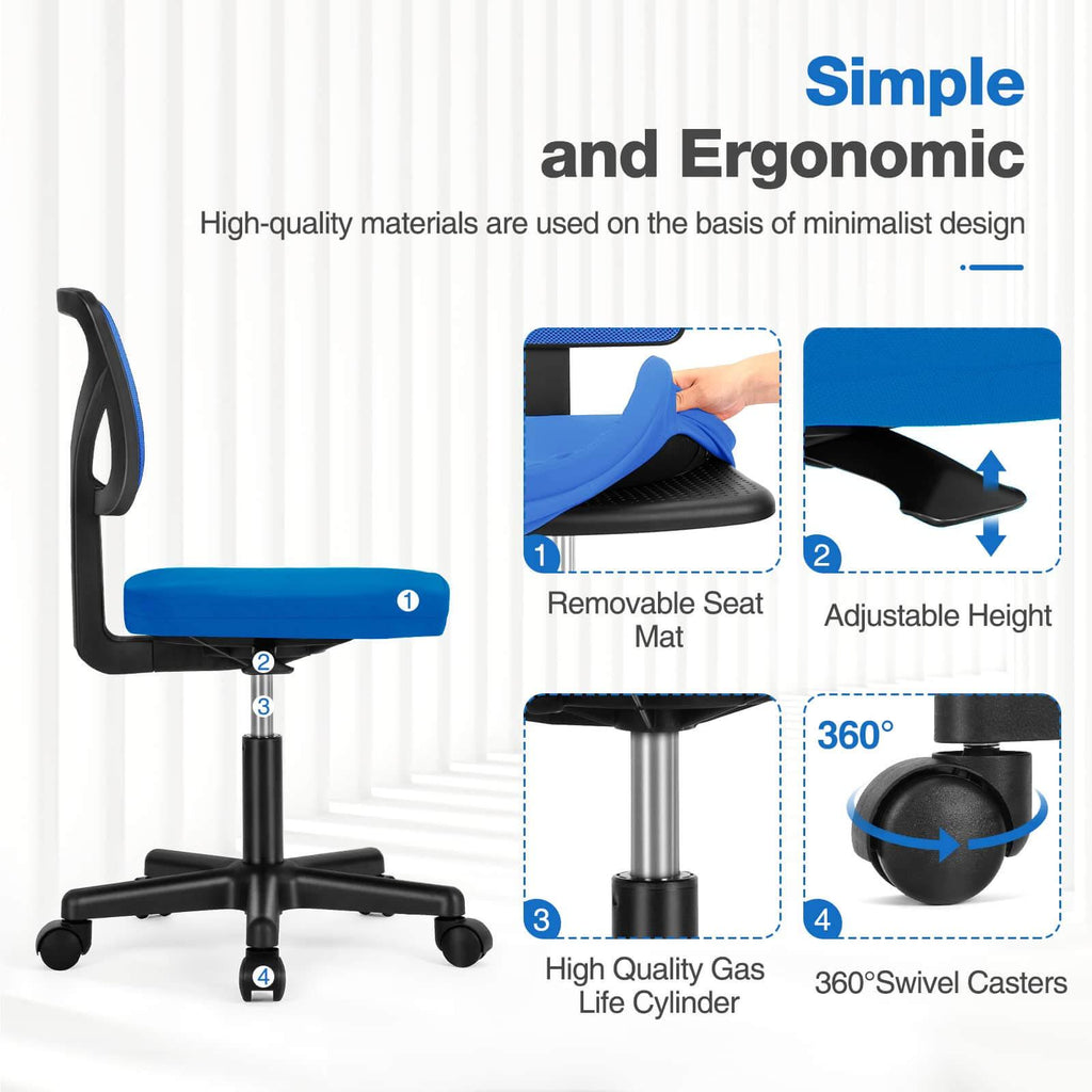 Silla de oficina de malla sin brazos — azul