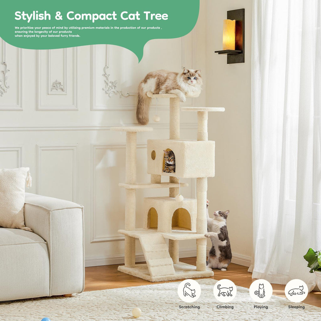 Árbol para gatos con casita, rascador y rampa — beige
