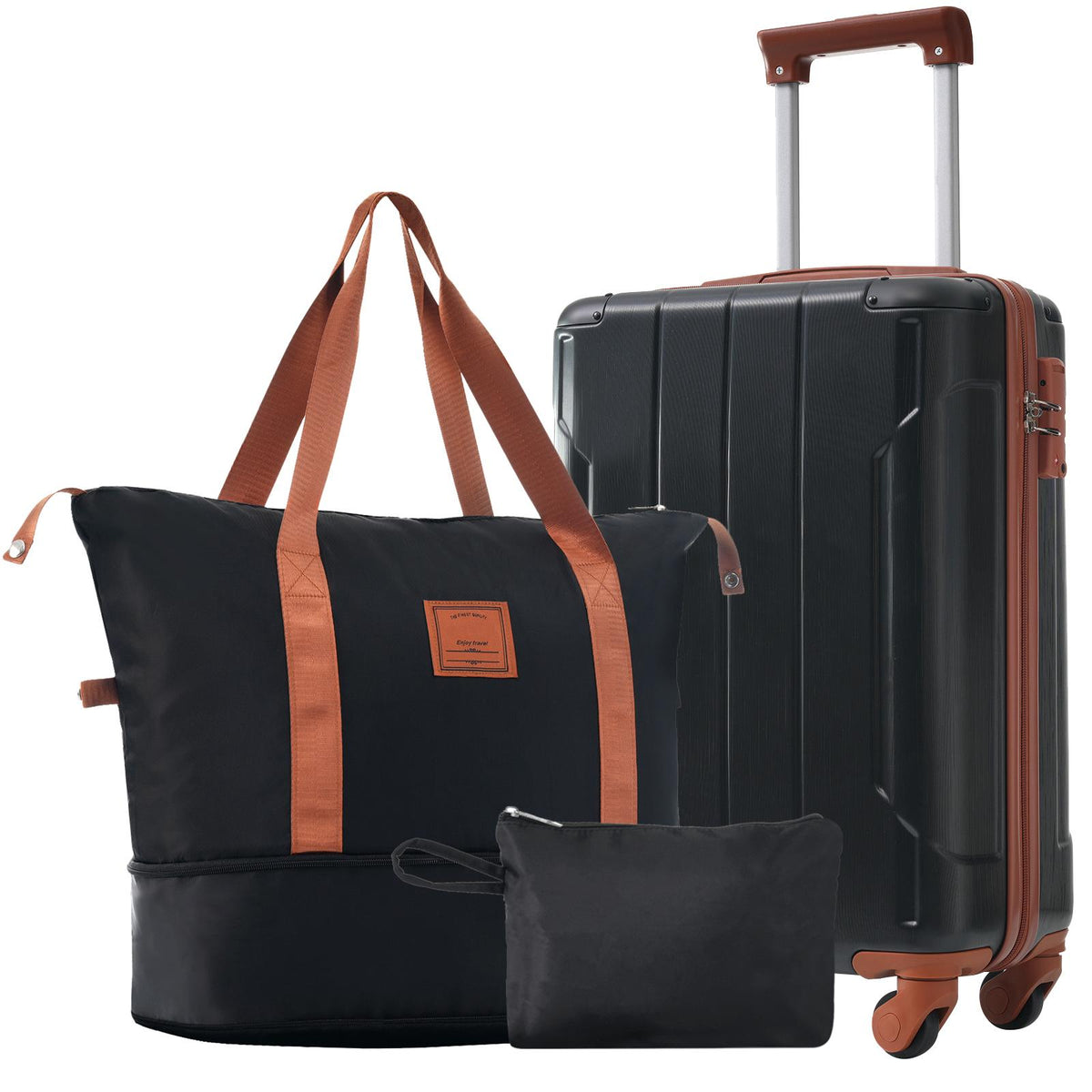 Conjunto de viaje: maleta de 20 pulgadas, bolso y neceser — negro