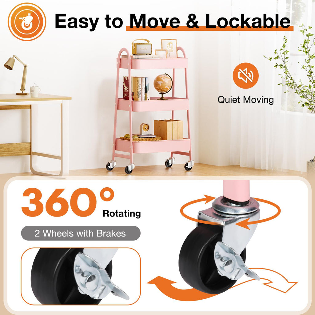 Carrito organizador metálico de tres niveles con ruedas — rosa