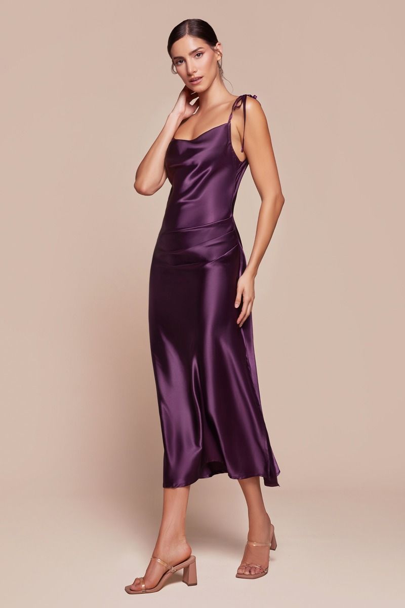 Vestido midi de satén con escote drapeado y tirantes BD103
