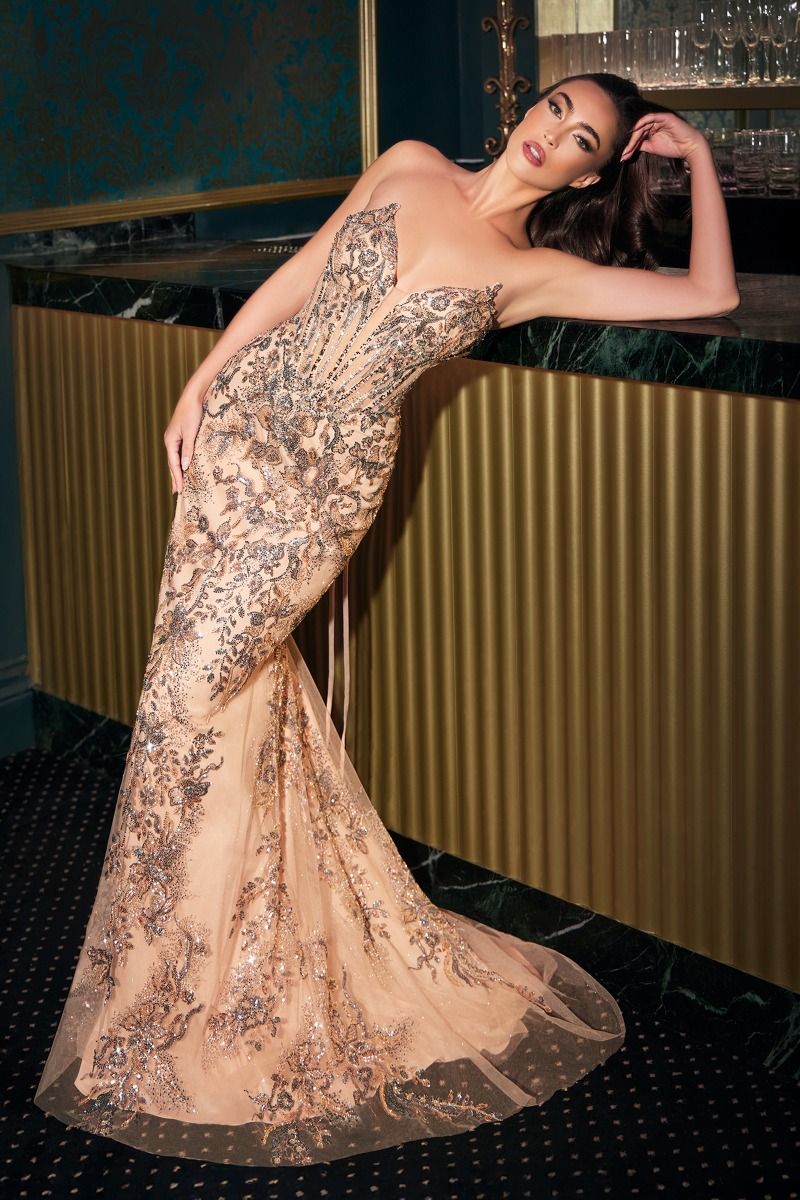 Vestido de gala de tul con corsé y pedrería CD723