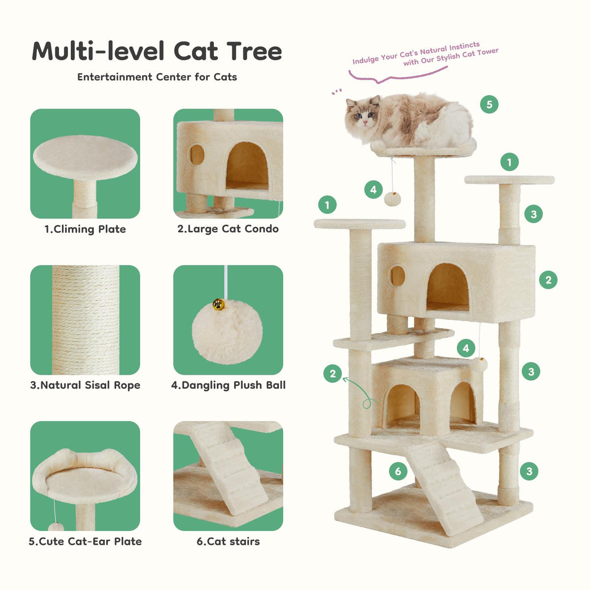 Árbol para gatos con casita, rascador y rampa — beige