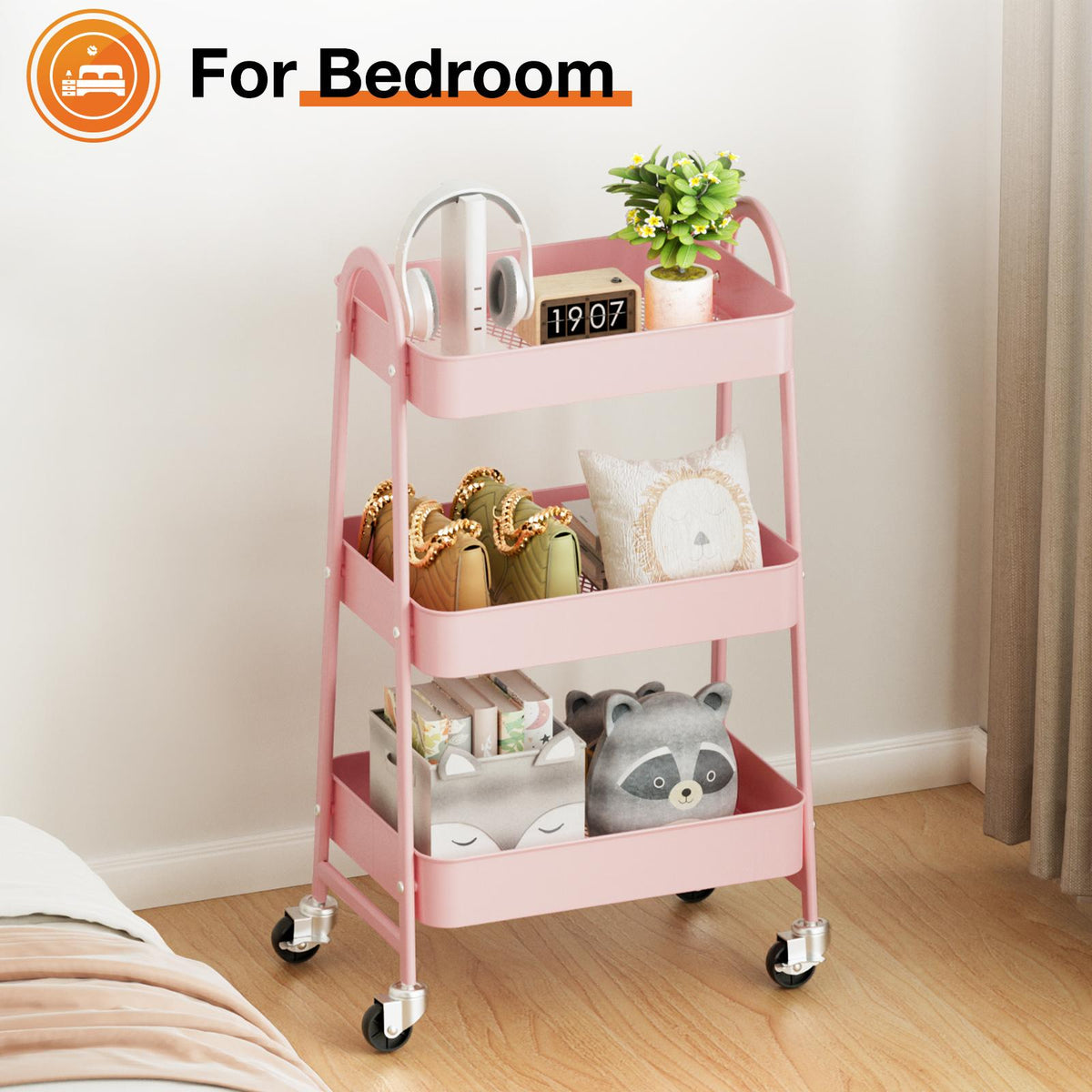 Carrito organizador metálico de tres niveles con ruedas — rosa