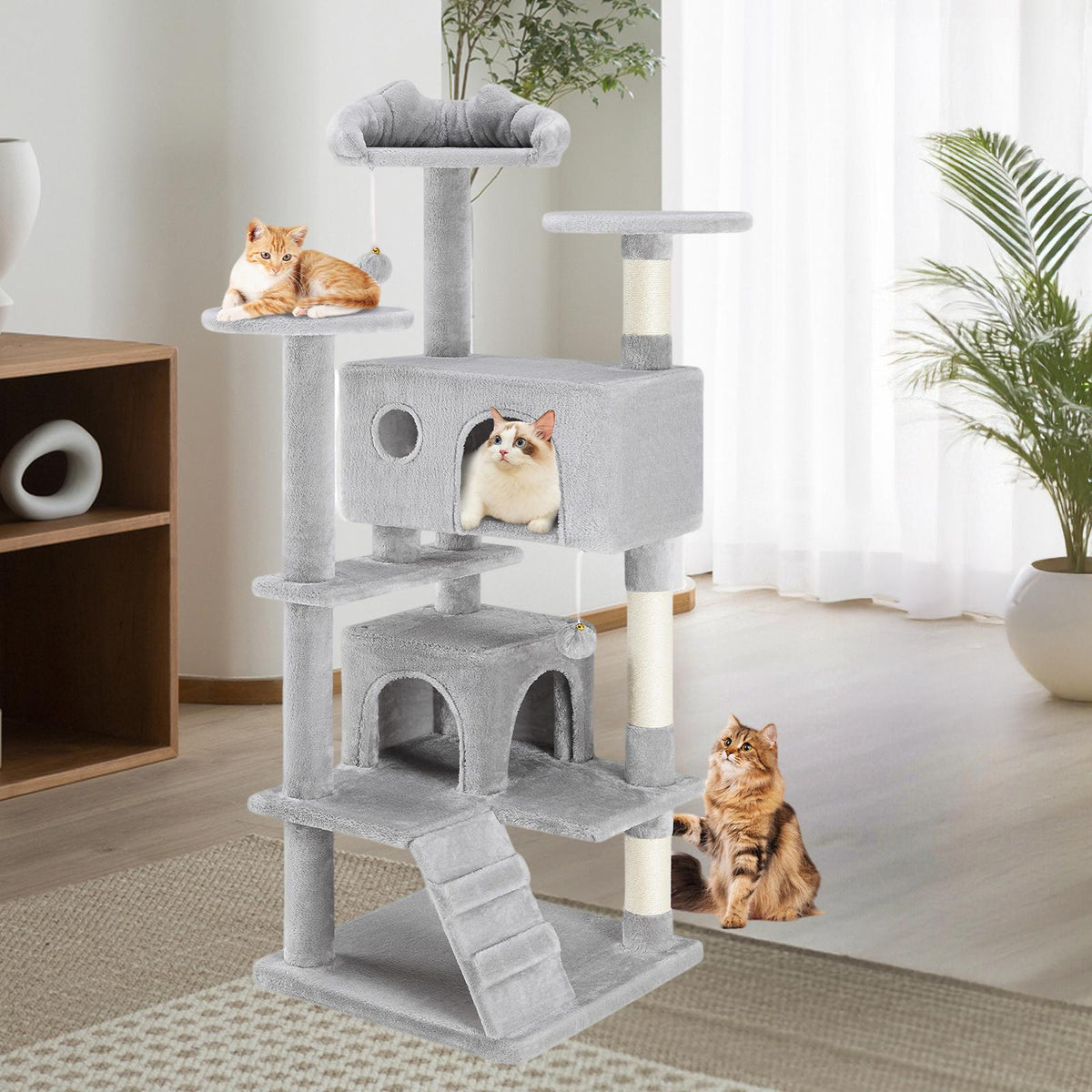 Árbol para gatos con casita, rascador y rampa — gris