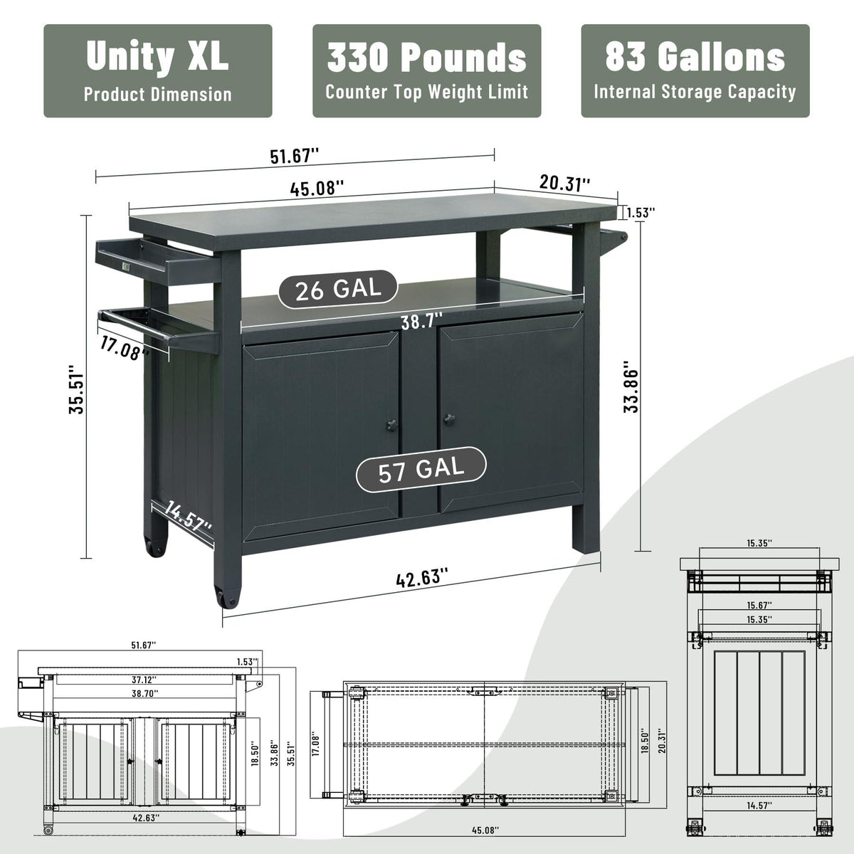 Gabinete exterior con ruedas de 83 galones — gris