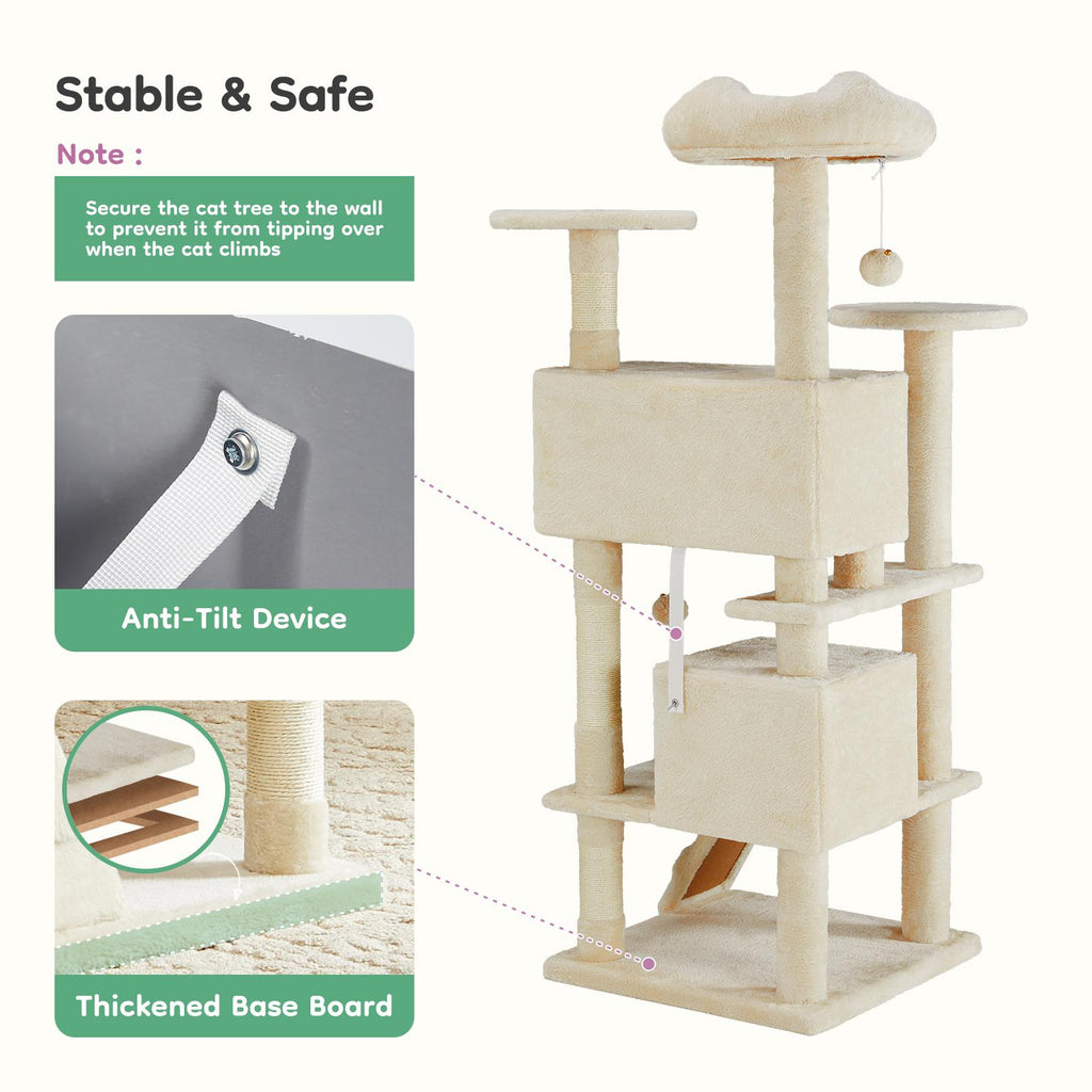 Árbol para gatos con casita, rascador y rampa — beige