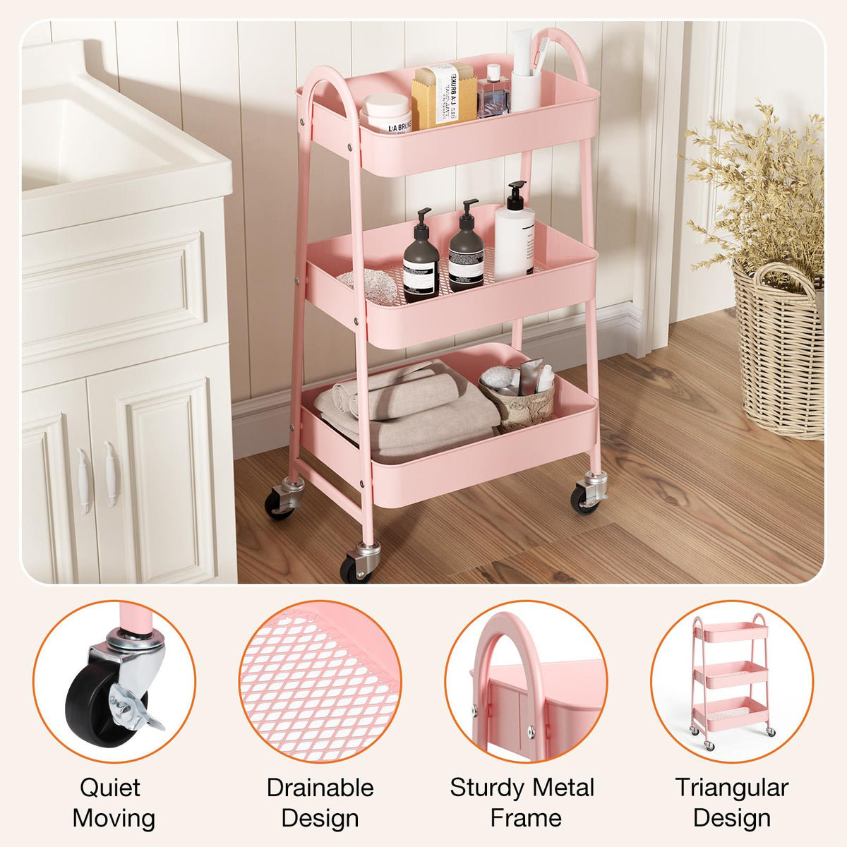 Carrito organizador metálico de tres niveles con ruedas — rosa